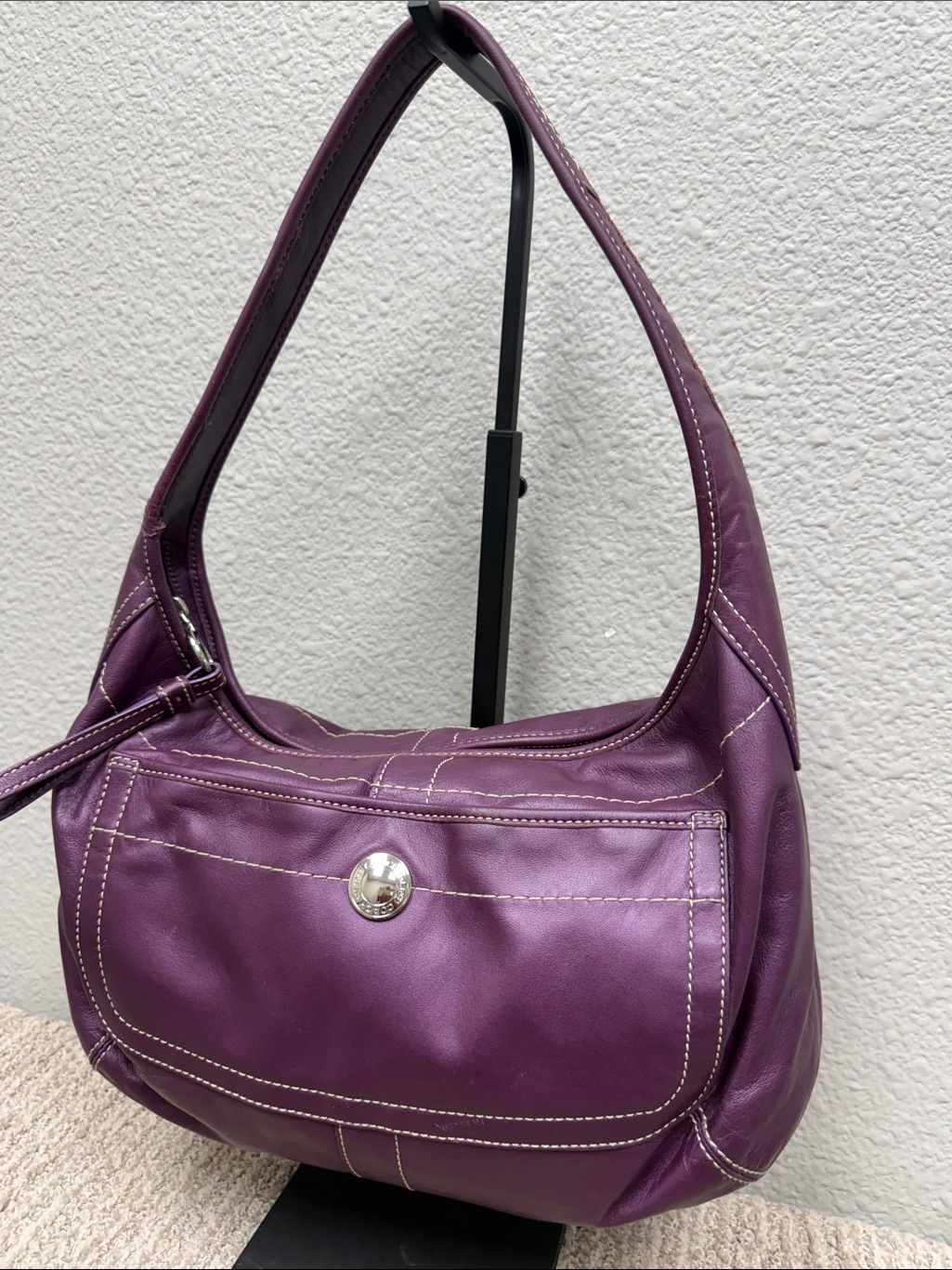 Coach Poppy Purple Leather Tattersol Shoulder Bag With Front Pocket